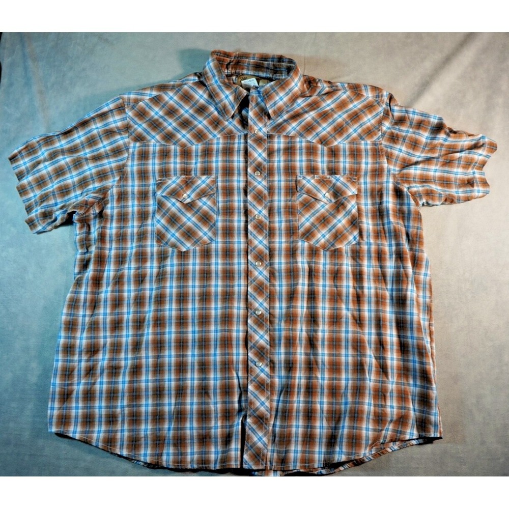Wrangler Western Shirts Men's Size 2XLB Short Sleeve Blue Brown Plaid Pearl Snap